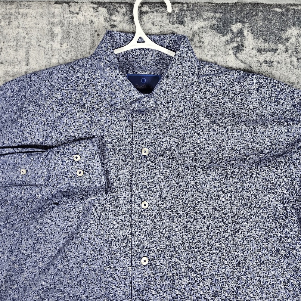 David Donahue Dress Shirt Mens 16.5 Blue Paisley Fusion Cotton Long Sleeve